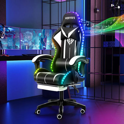 Fashion High Back Video Game Chair with Speakers Massage Computer Gaming Chair with LED Lights and Footrest