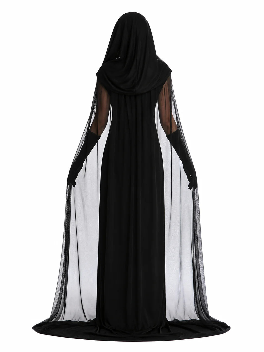 Hooded Sheer Mesh Cape Witch Costume for Women Sleeveless Black Long Maxi Robe with Long Gloves Halloween Ghost Vampire Cosplay Dark Spirit Carnival Fancy Dress Party Outfit