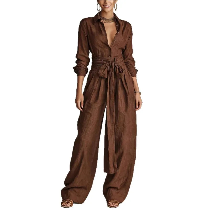 Temperament Female Two Piece Set Summer Fashion Lapel Strap Design Wide Leg Pants Suit With Pocket Lady High Waist Office Outfit