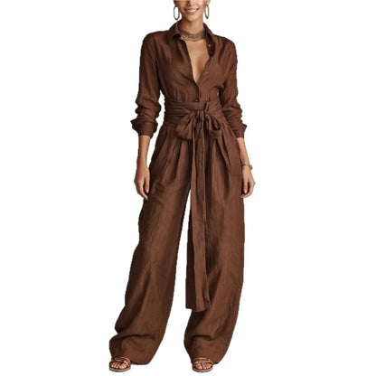 Temperament Female Two Piece Set Summer Fashion Lapel Strap Design Wide Leg Pants Suit With Pocket Lady High Waist Office Outfit