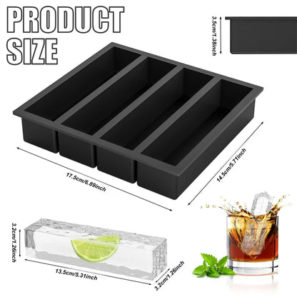 4 Grid Big Ice Tray Long Strip Square Whiskey Ice Cubes Silicone Mold With Lid Non-toxic Durable Pub Wine Ice Blocks Maker Model