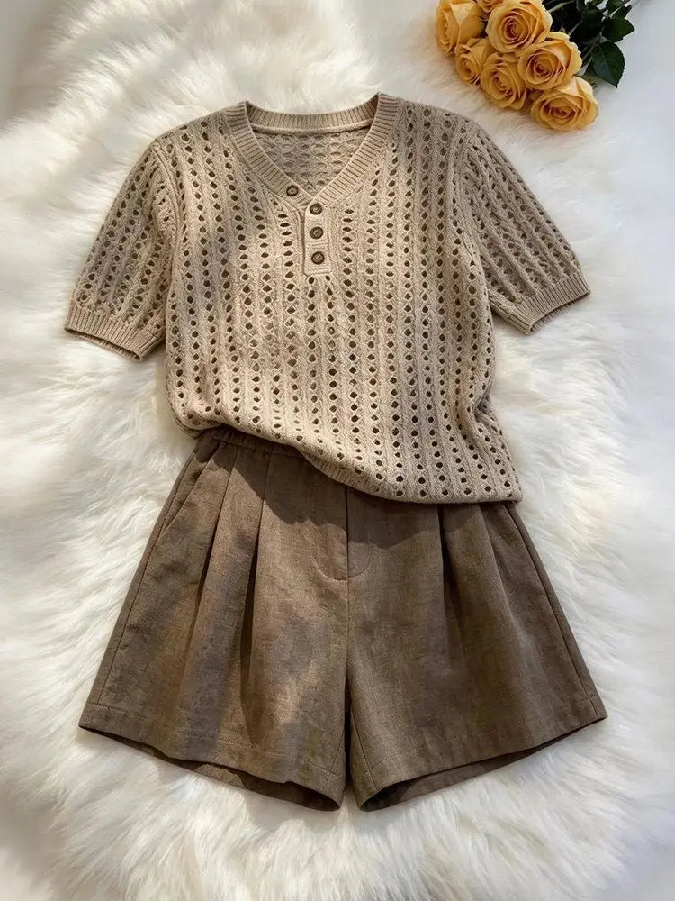 Elegant Casual 2 Piece Set 2026 Women Crochet Knit V Neck Button Short Sleeve Top High Waist Tailored Shorts Daily Summer Outfit