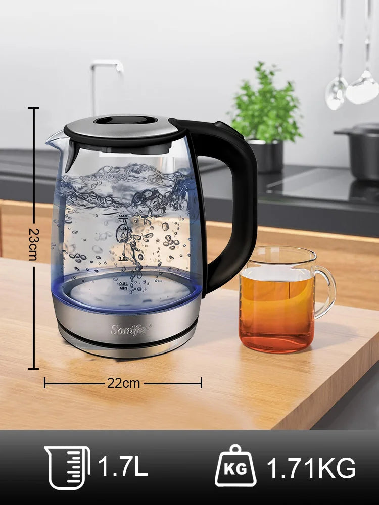 Sonifer 1.7L Glass Electric Kettle SF-2079, 2200W Fast Boil, Cordless, Blue LED Light, Auto Shut-Off, Dry Boil Protection
