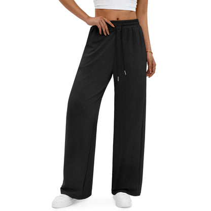 High Waisted Straight Leg Pants Drawstring Waistband Casual Pants Loose Wide Leg Sports Pants Trousers With Pocket
