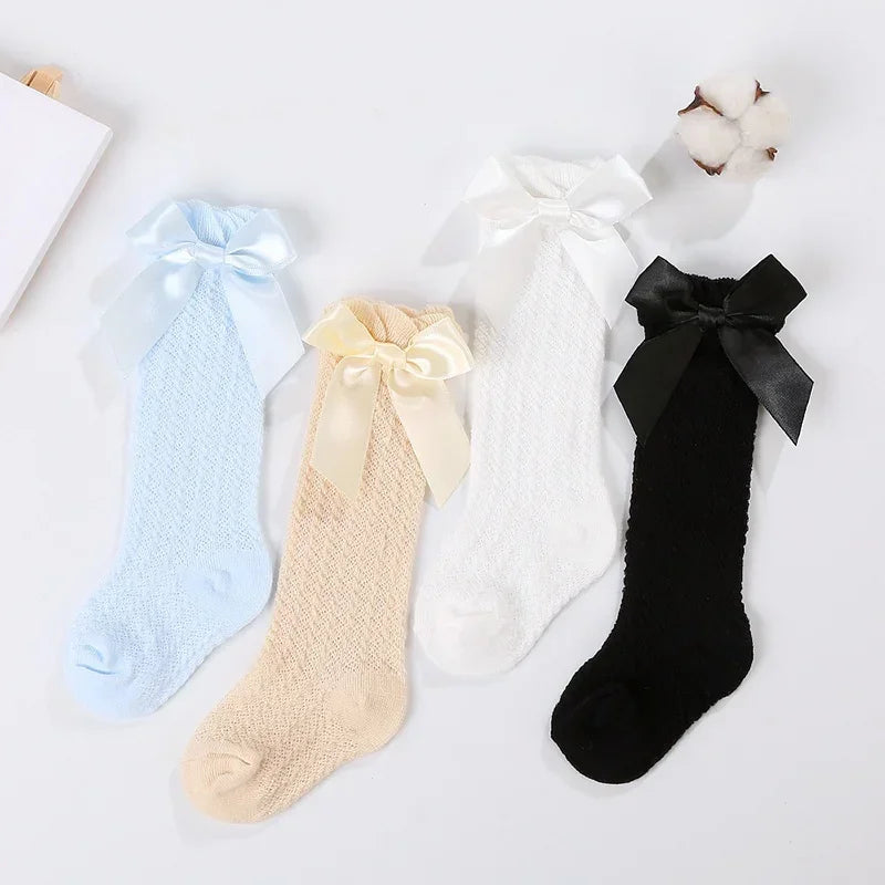 Baby Girl Socks Summer Fall Toddlers Bow Long Sock Kids Knee High Soft Cotton Mesh Bow Decorative Lace Stocking 0-3Year