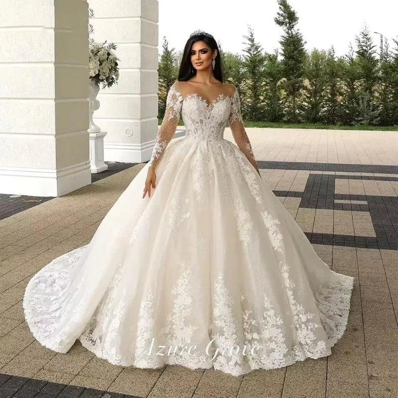 Azure Customized Women A-Line Wedding Dresses Sexy Lace Long Sleeves Tulle Bridal Gowns Engagement Banquet Robes De Mariee