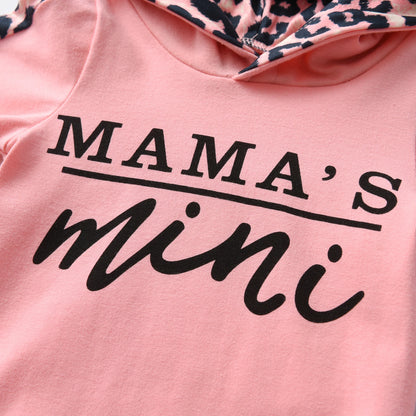 Infant Baby Girl Clothes Set Long Sleeve "Mama's Mini" Print Pullover Sports Hooded Tops and Leopard Pants Outfits Set