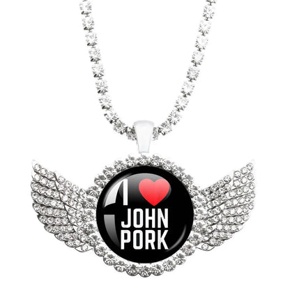 John Pork Is Calling Answer Call Phone Humor Funny Pig Lover Graphic The Moon Necklace Angel Wings Pendant Necklace Jewelry Gift