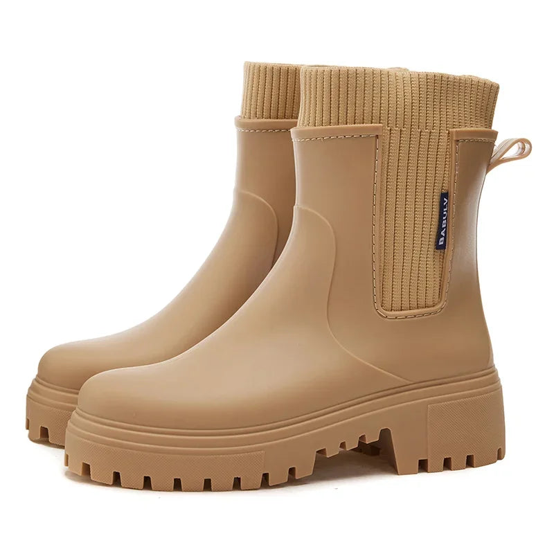 Rain boots women's four seasons fashion outdoor mid-tube waterproof non-slip rubber shoes fashion rain boots with cotton cover