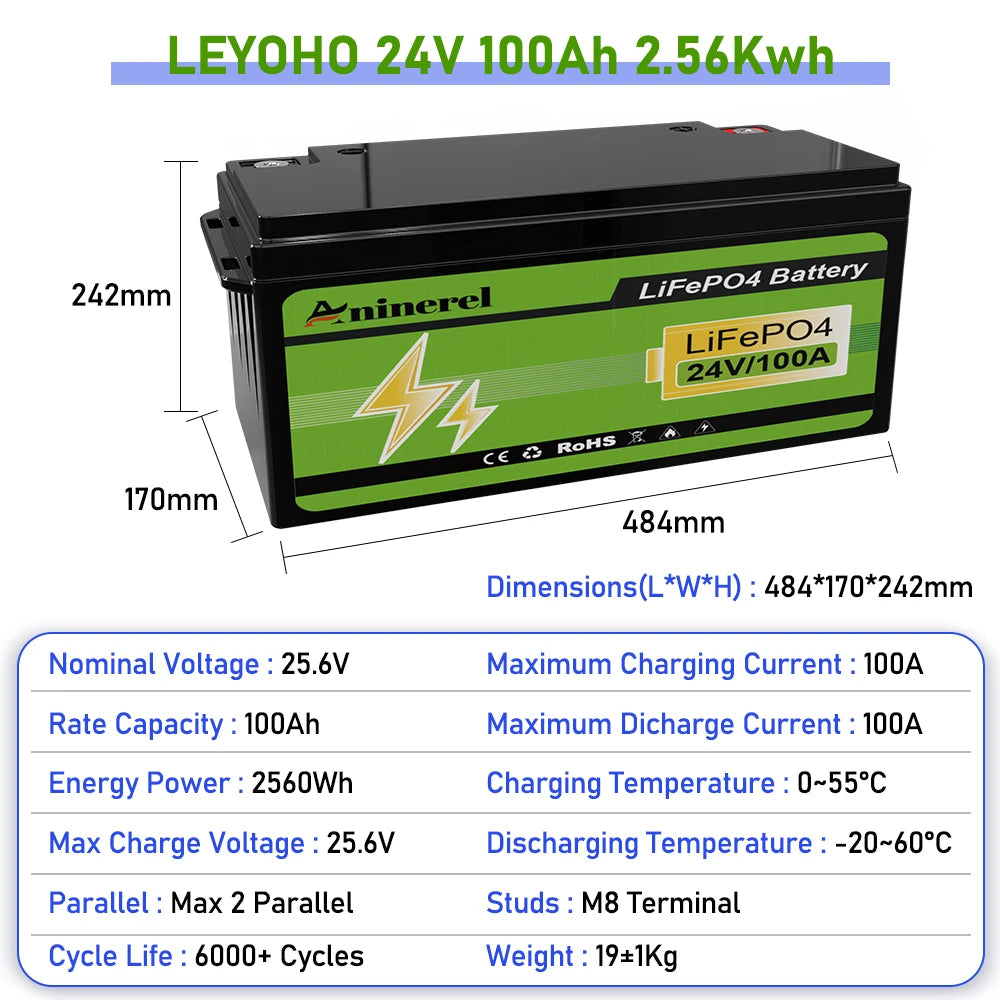 Aninerel 3840Wh 12V 300AH 24V 100Ah 2560Wh Lithium LiFePO4 Battery with 100A BMS Perfect for RV Golf Cart Solar Power System Trolling Motor