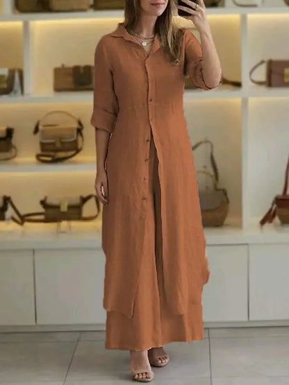 Spring Autumn Solid Color Long Pants Sets For Women Casual Shirt Dress Loose Wide Legs Trousers Two Piece Set Female