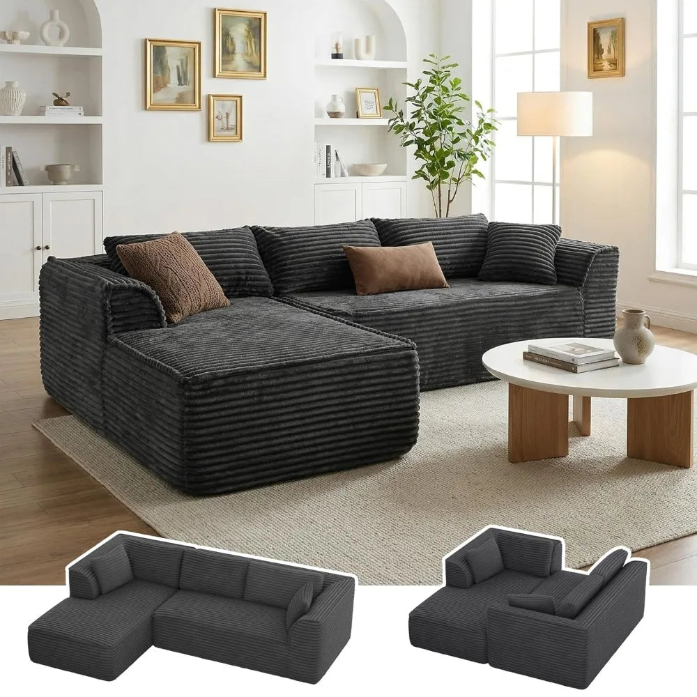 Boneless Couch with Chaise, Deep Seat Comfy Cloud Modular Sofa Corduroy Memory Foam Sectional Couches ,Customized