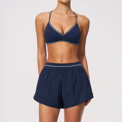 Women 2Pcs Activewear Set V Back Contrast Piping Shorts with Built in Liner and V Neck Crop Top for Gym Tennis Yoga Sportswear