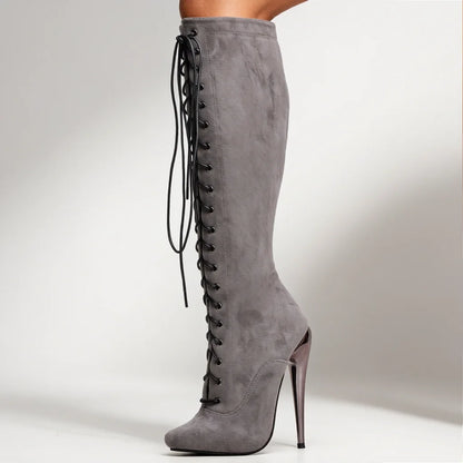 Unisex Purple Suede Lace-Up Knee High Boots 15cm/6" Stiletto Heel Sexy Nightclub Pole Dancing Cosplay Shoes Plus Size 36-46