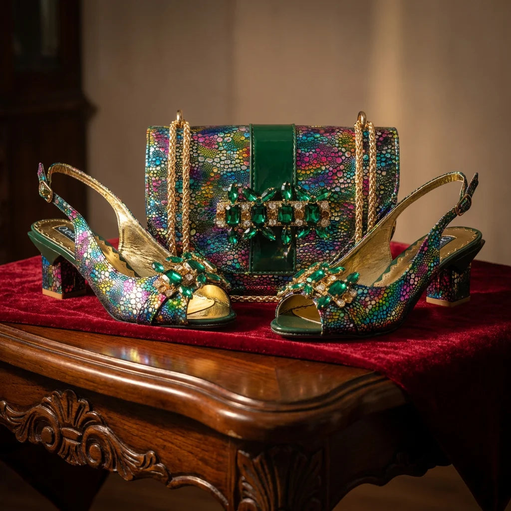 2026 New Elegant Italian Design Women's Black Heels with Rhinestones and Metal Decoration Shoes and Matching Bag Set for Party