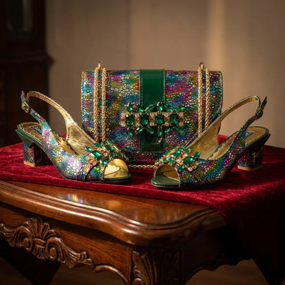 2026 New Elegant Italian Design Women's Black Heels with Rhinestones and Metal Decoration Shoes and Matching Bag Set for Party