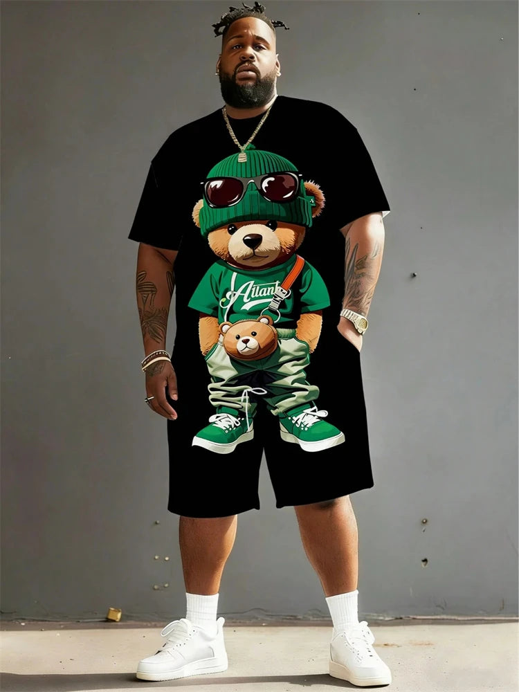 2026 Summer Men 2-Piece Set Fun Cartoon Bear Print Short-Sleeve T-Shirt and Shorts Set Sporty Style Plus Size Fashionable Outfit
