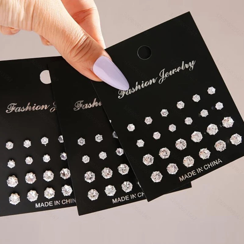 12/24/36 Pairs Shiny Zircon Stud Earrings Set for Women Men Daily Versatile Chic Silver Color Crystal Ear Jewelry Accessories