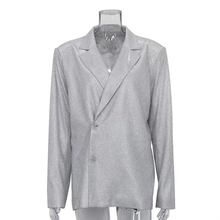 2023 New Glitter Silver Party Two Piece Pants Set Women Club Night Outfits Fashion Sparkly Blazer Matching Sets Femme Tracksuit