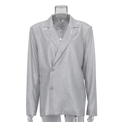 2023 New Glitter Silver Party Two Piece Pants Set Women Club Night Outfits Fashion Sparkly Blazer Matching Sets Femme Tracksuit