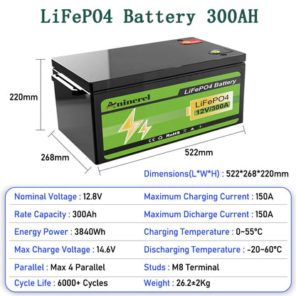 Aninerel 3840Wh 12V 300AH 24V 100Ah 2560Wh Lithium LiFePO4 Battery with 100A BMS Perfect for RV Golf Cart Solar Power System Trolling Motor