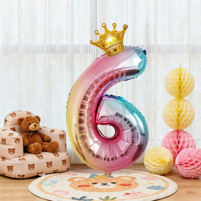 32Inch Gradient Number Crown Balloons 1-9 Digit Foil Helium Balloon Baby Shower Kids And Children's Birthday Party Decoration