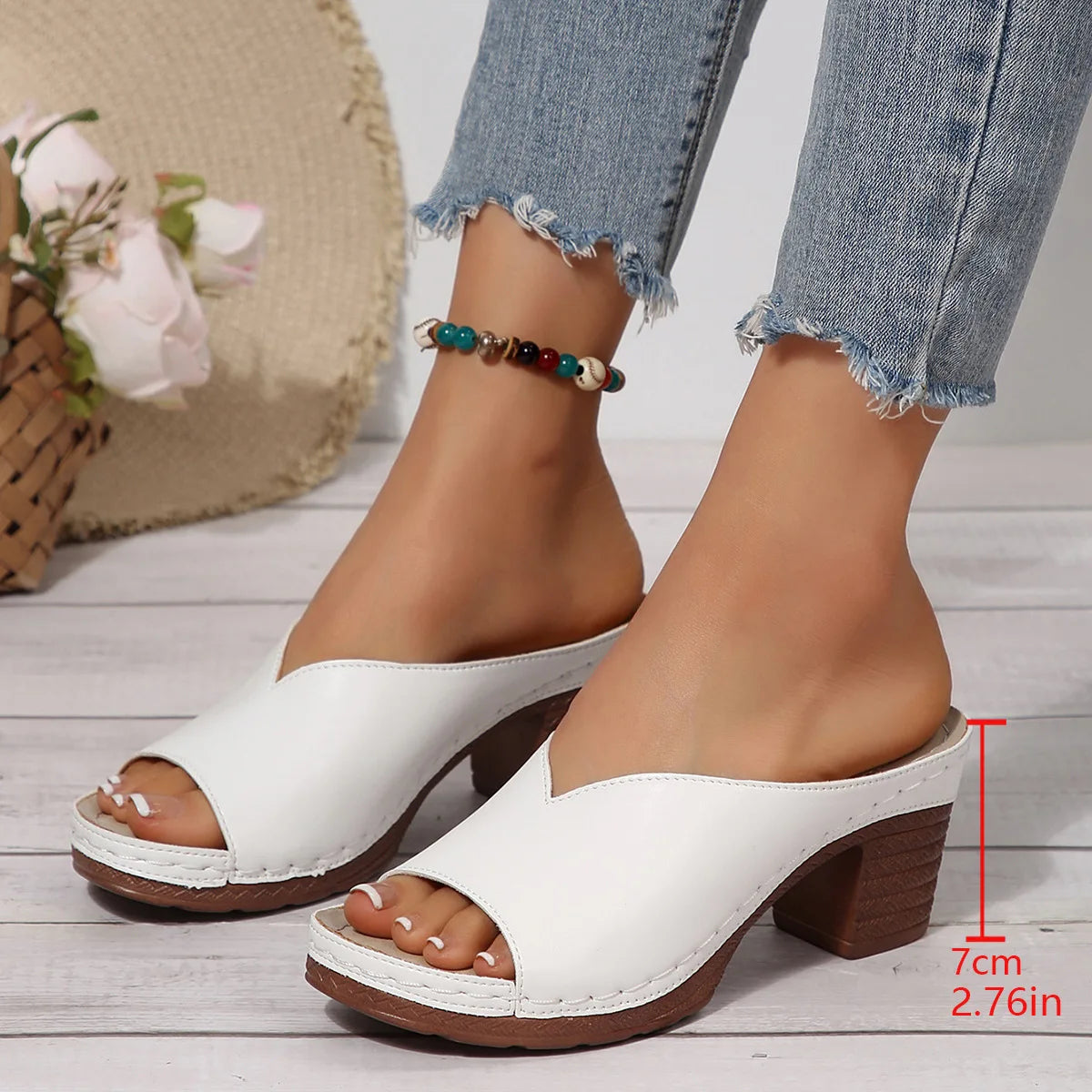 Women's Open-Toe High-Heel Slippers Summer New Fashion Outdoor Wear Slip-On Shoes 36-43 Sizes Polyurethane Upper Cushioning