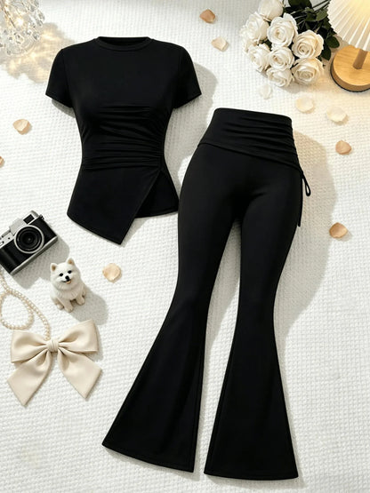 2 Pcs Women Crew Neck Side Ruched Split Hem Short Sleeve Tee High Waist Fold Over Side Drawstring Flared Pants Set Solid Black S