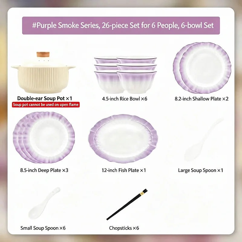 Kitchen Dishware Gift Box Set Gradient Purple Dishware Set Household French Ceramic Rice Bowls and Plates Set Household Smoky Purple Dyed Dishware