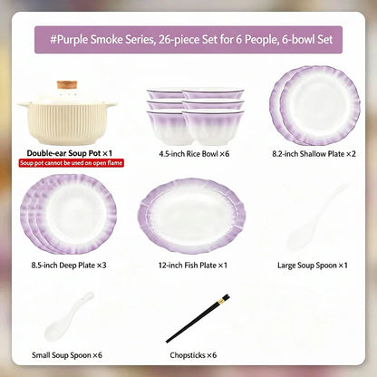 Kitchen Dishware Gift Box Set Gradient Purple Dishware Set Household French Ceramic Rice Bowls and Plates Set Household Smoky Purple Dyed Dishware