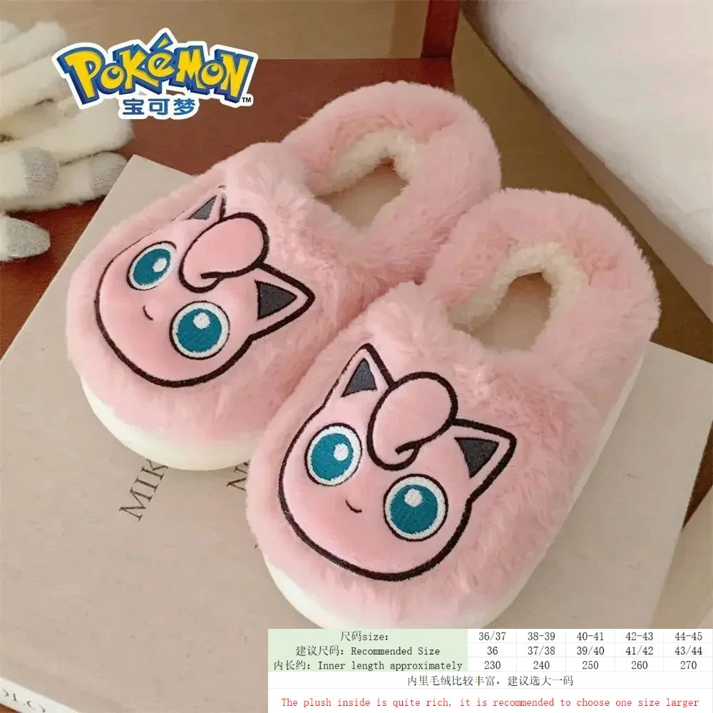 Popular anime Pokemon Pikachu Eevee Couple Cotton Slippers Winter Cute Cartoon Men Women Shoes with Velvet Insulation Anti slip
