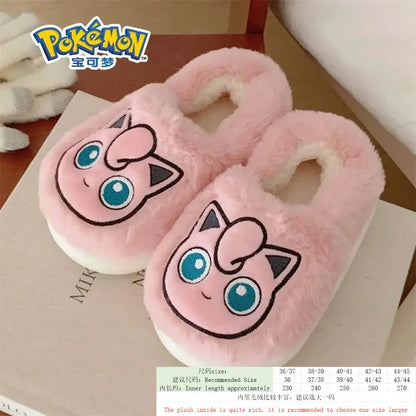 Popular anime Pokemon Pikachu Eevee Couple Cotton Slippers Winter Cute Cartoon Men Women Shoes with Velvet Insulation Anti slip