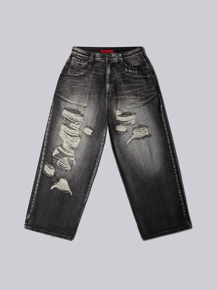 HOUZHOU Y2k Gothic Vintage Graphic Women Man Ripped Jeans Grunge Washed Wide Leg American Style Denim Trousers Baggy High Street