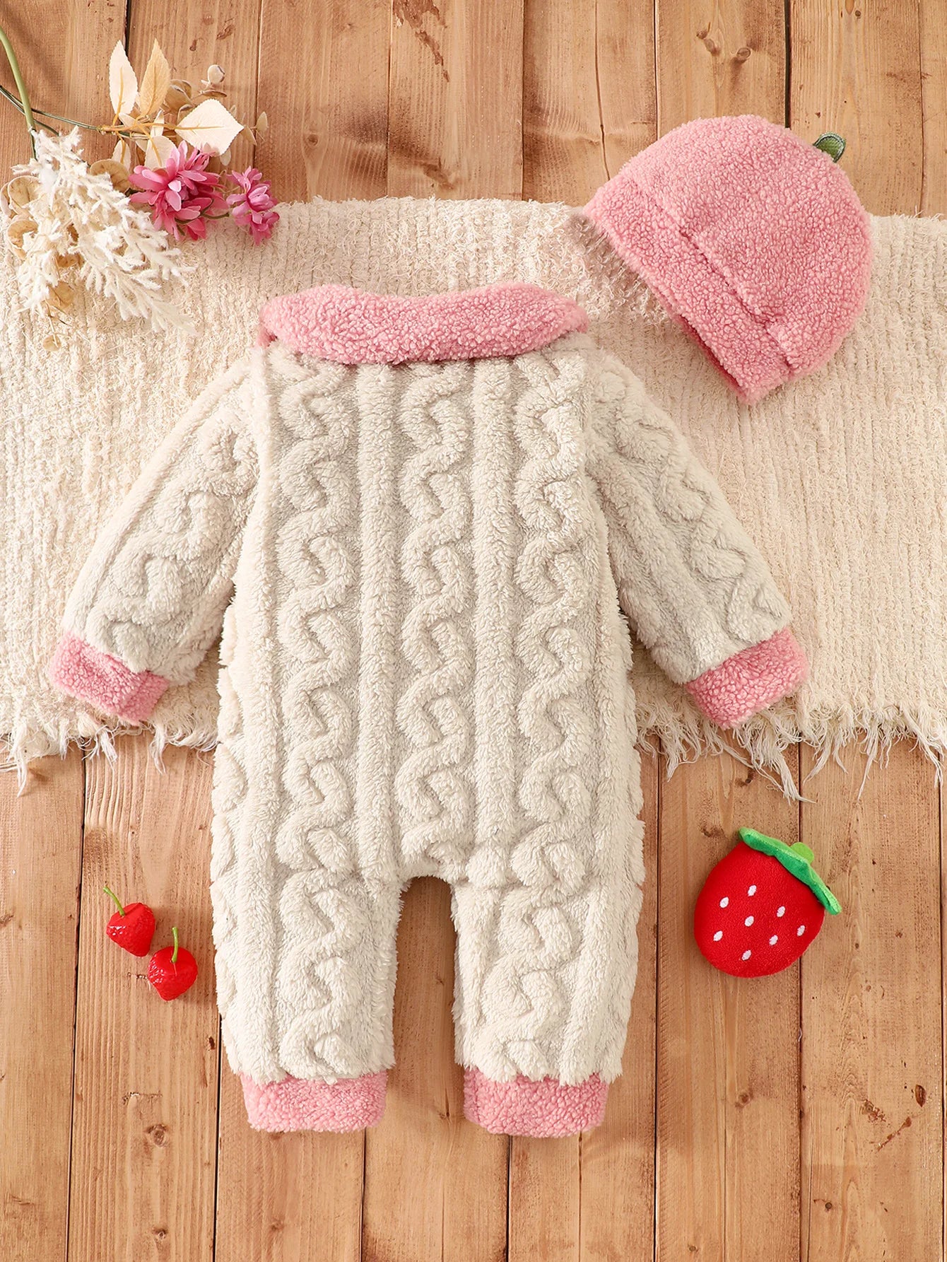 Baby Thick Double-Sided Fleece Doll Collar Romper Set Sweet 3D Strawberry Pocket Cable Knit Romper + Matching Warm Hat Soft and Warm for Winter Outings