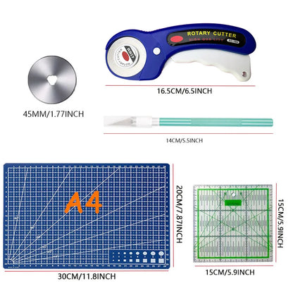 45mm Precision Rotating Cutter Set, Carving Knife, A4 Cutting Pad, Patch Measuring Tape, Sewing, Embroidery Craft Production.