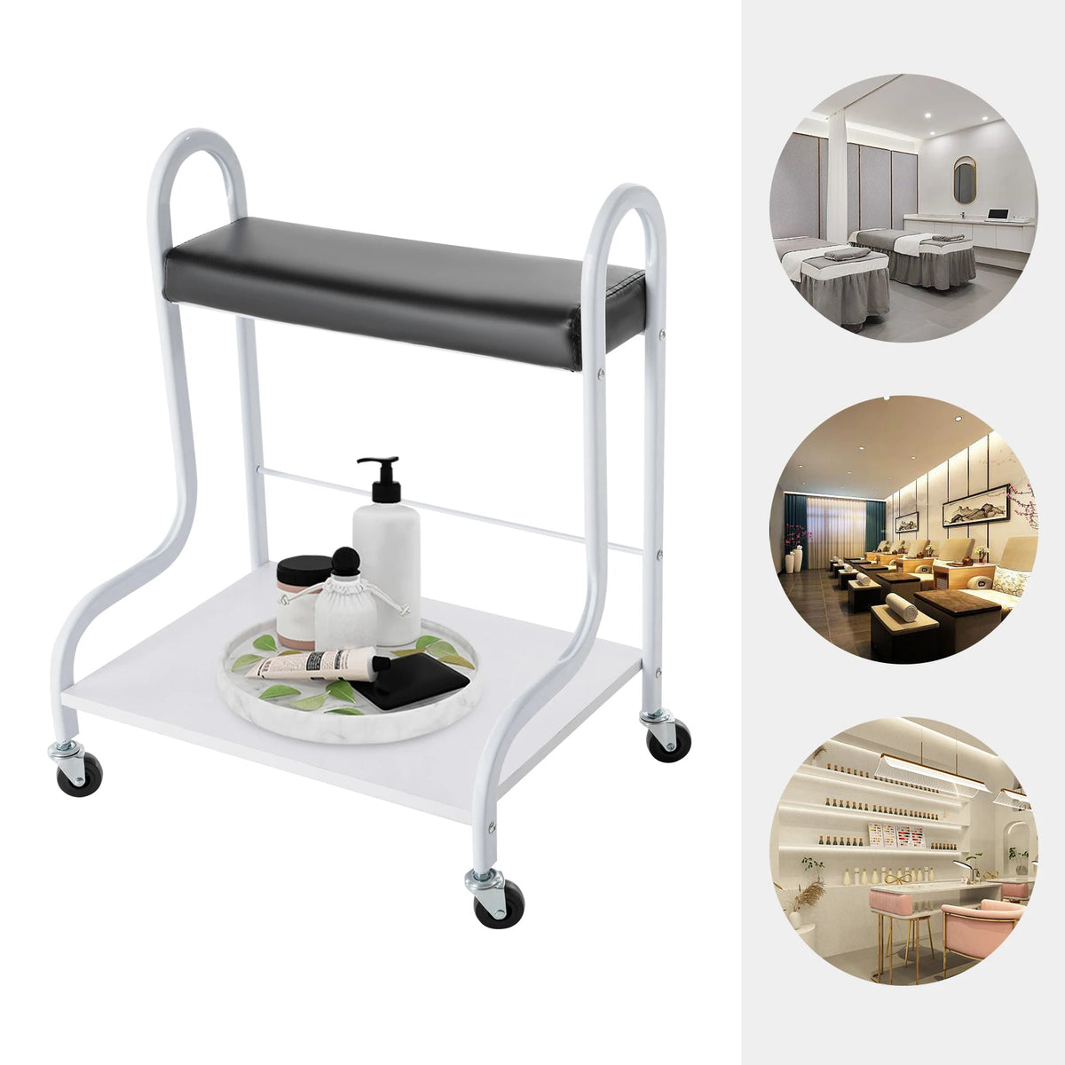 2-Tier Foot Bath Spa Trolley Cart Portable Pedicure Footrest with 4 Wheels Beauty Salon Nail Stand for Pedicures Massages Toenail Care, Load 100 kg/220.46 lbs