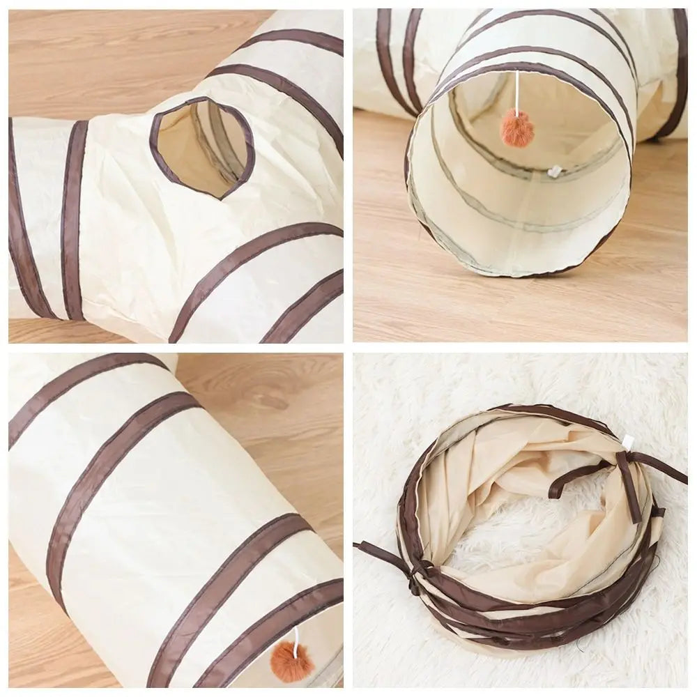 Fun Polyester+Steel Wire Cat Tunnel Tube Breathable Foldable Cat Nest Training Interactive Beige+Coffee Pet Fun Play Toy Cat
