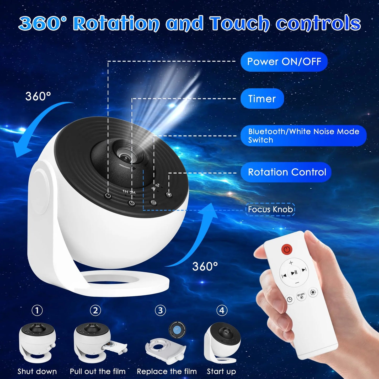 Galaxy Projector for Bedroom Pro Version HD 12 in 1 Film Discs Star Projector Galaxy Light Planetarium Projector with Timer White Noise 360 ° Rotation Bluetooth Remote Control