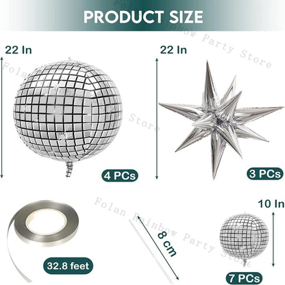 10/22inch 4D Silver Disco Ball Explosion Star Balloon Metallic Disco Balloon Set for Disco Party Wedding Birthday Party Decor