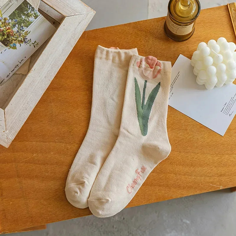 New Style Crew Socks for Women Spring Fashion Cute Flower Long Cotton Socks Japanese Style Breathable Casual Trendy Absorb Sweat