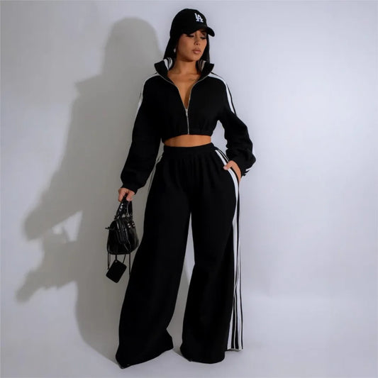 Fashion Splicing Striped Zipper Sports Suit Women'S Spring Autumn Thick Hoodie Casual Loose Wide Leg Trousers 2 Piece Set Female
