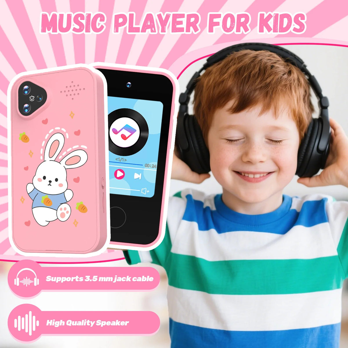Rabbit Kids Smart Phone Camera Toy Touchscreen Baby Mobile MP3 Player Digital Educational Camera for Girls Boys Aged 3-8
