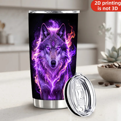 20oz Glowing Purple Fire Wolf Printed Stainless Steel Tumbler with Lid and Straw, Mystical Fantasy Spirit Animal Dark Gothic Vacuum Insulated Travel Coffee Mug Gifts for Men Women