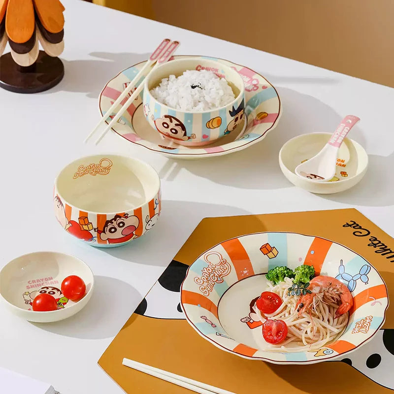 New 1Set/5Pcs Cartoon Anime Crayon Shin Chan Ceramics Gift Box Set Breakfast Home Office Rice Bowl Plate Beautiful Kid Mug Gift