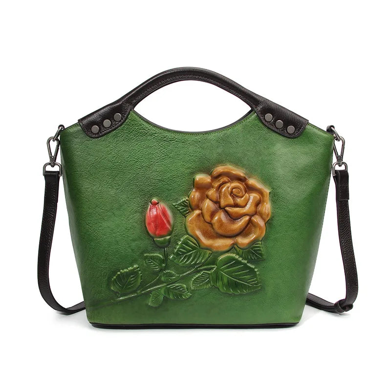 Large Capacity Genuine Leather Crossbody Bag for WomenCowhide Tote with 3D Embossing  Hand-Painted Mother Gift Shoulder Purse