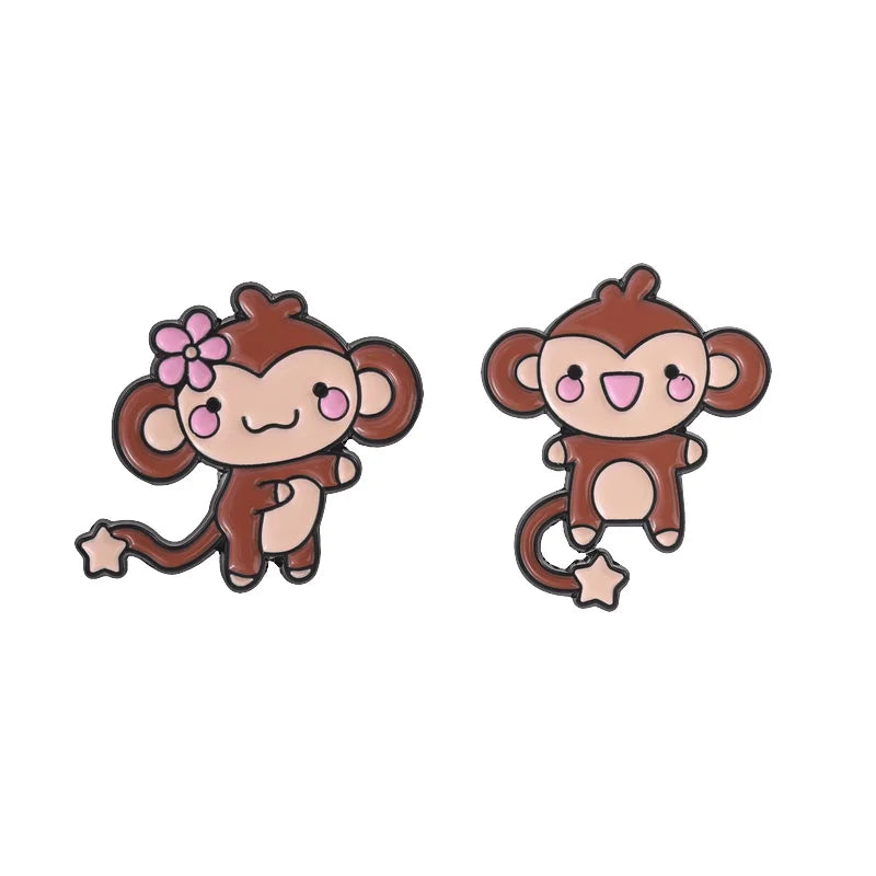 Cute Monkey Enamel Pins Cartoon Star Tail Ape Floral Kawaii Animal Brooches Lapel Backpack Badge Fashion Jewelry Gift for Friend