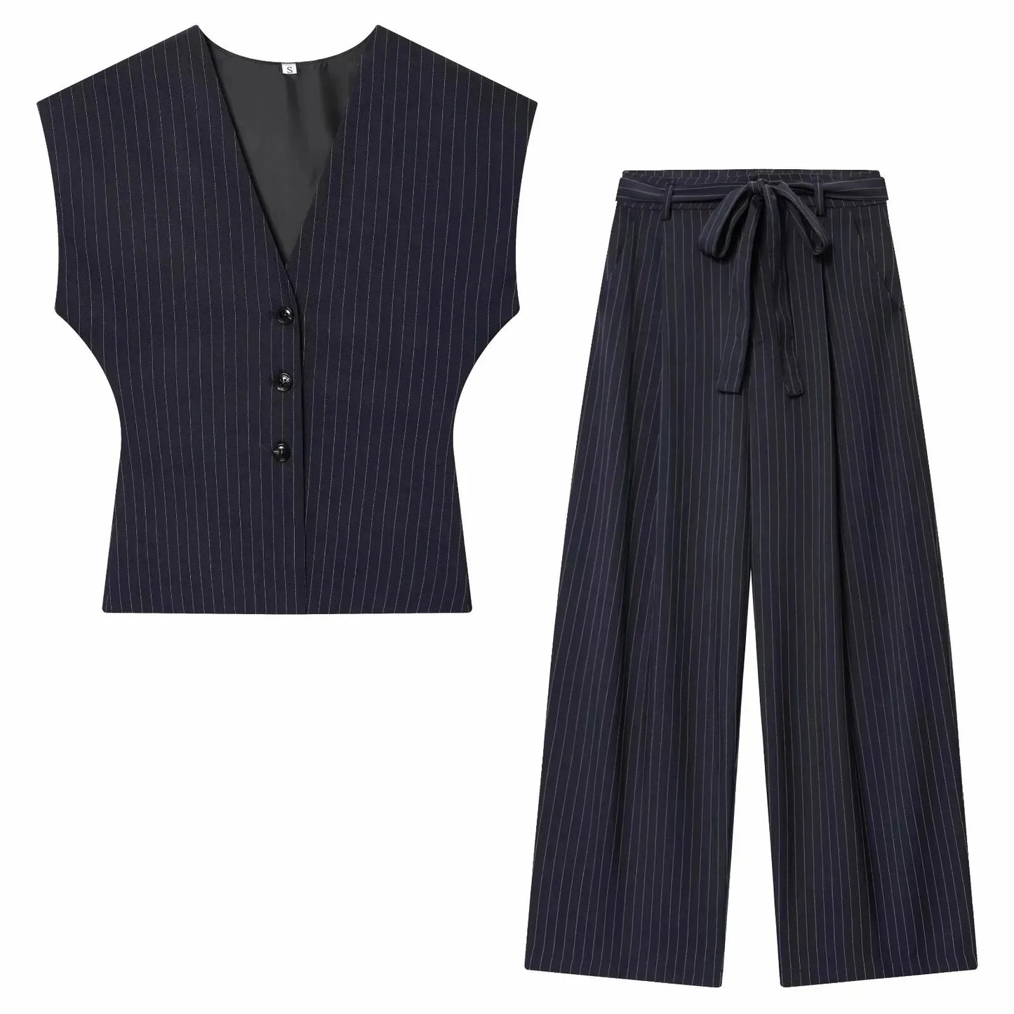 Women Fashion 2-Piece Set Single-breasted Sleeveless V-Neck Pinstripe Vest+Summer Pleated Loose Pocket Belt Zipper Pants