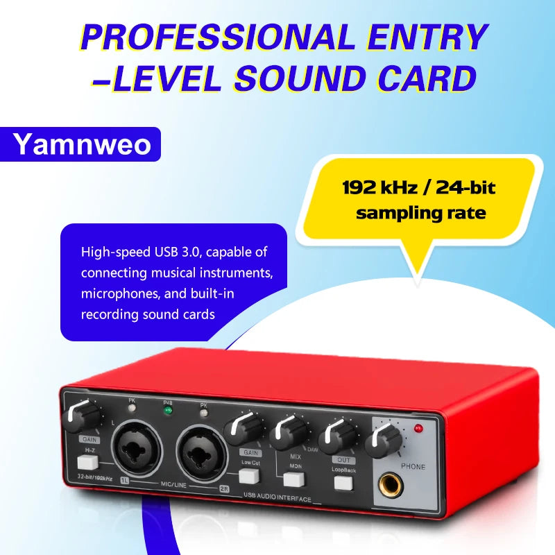 YAMNWEO MD21 Red USB Audio Interface Sound Card, 24Bit/192kHz Dual Channel Sound Card with Dual Inputs for Condenser Microphones & Guitars, Ideal for Live Streaming, Podcasting, Music Production and Live Performances