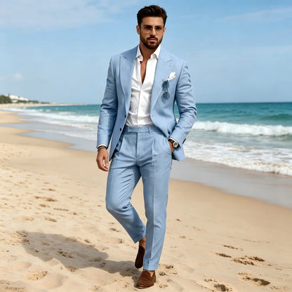 2 Pieces Beige Linen Men Suits Peaked Lapel Slim Fit Blazer Pants High Quality Elegant Summer Wedding Prom Suits Men Clothes