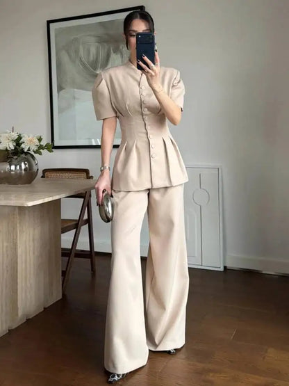 2026 New Women Two Piece Pant Suit Stand Collar Short Sleeve Peplum Top High Waist Wide Leg Trousers Elegant Outfit Set